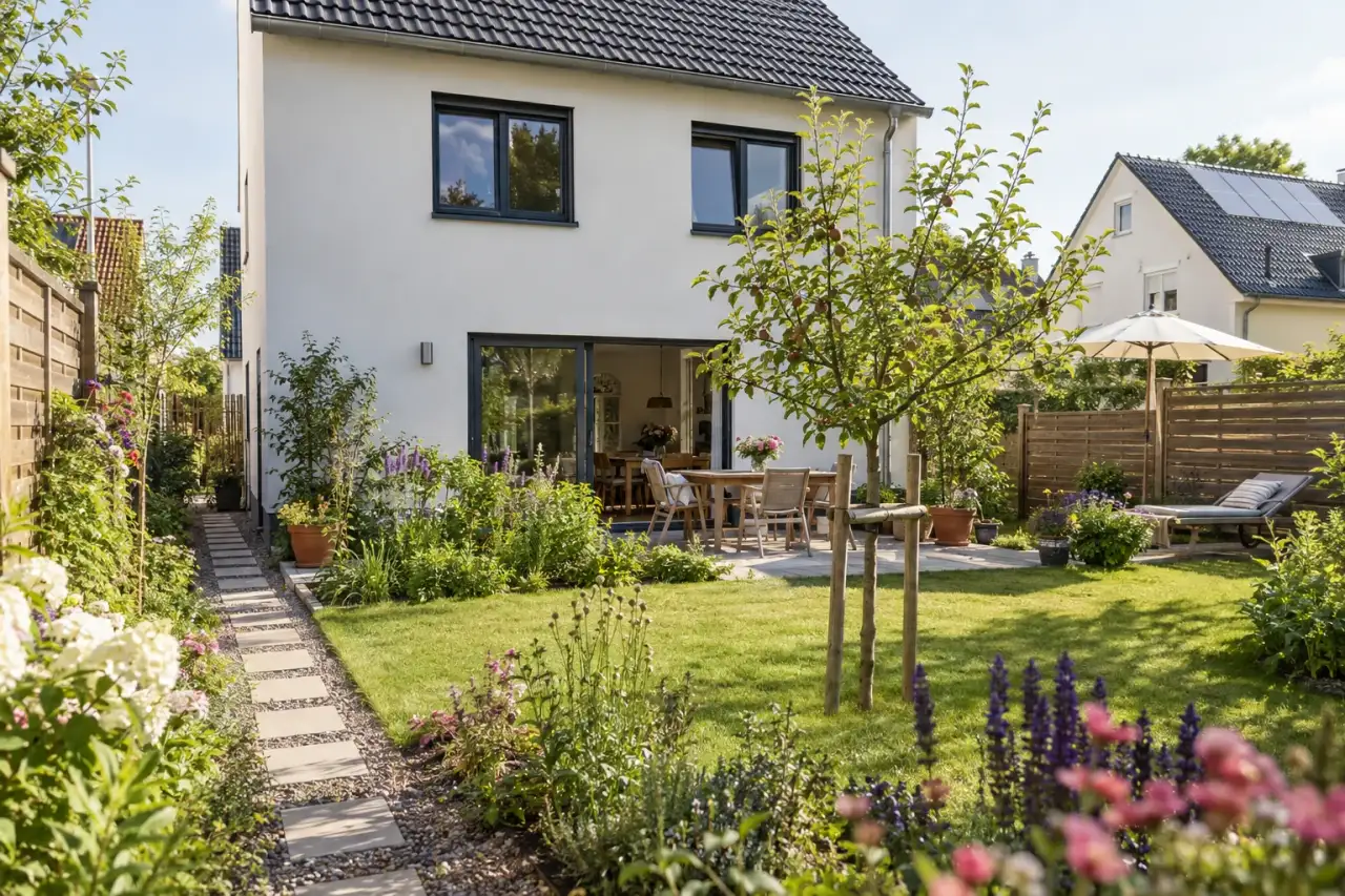 Neu angelegtes Grundstück mit jungem Baum, Rasen, Beeten und Trittweg.