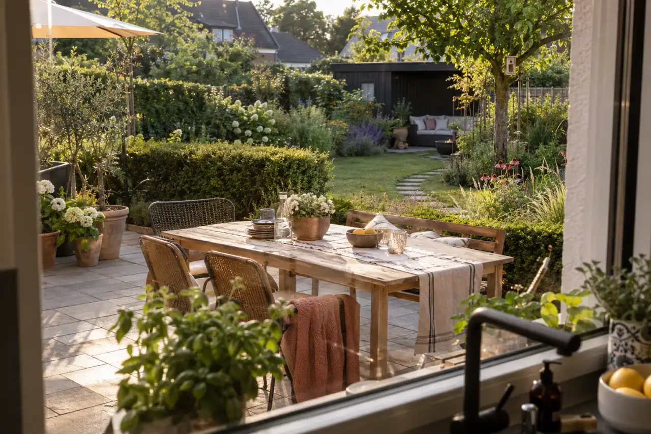 Terrasse mit Familientisch und weichem Übergang in einen bepflanzten Gartenraum.