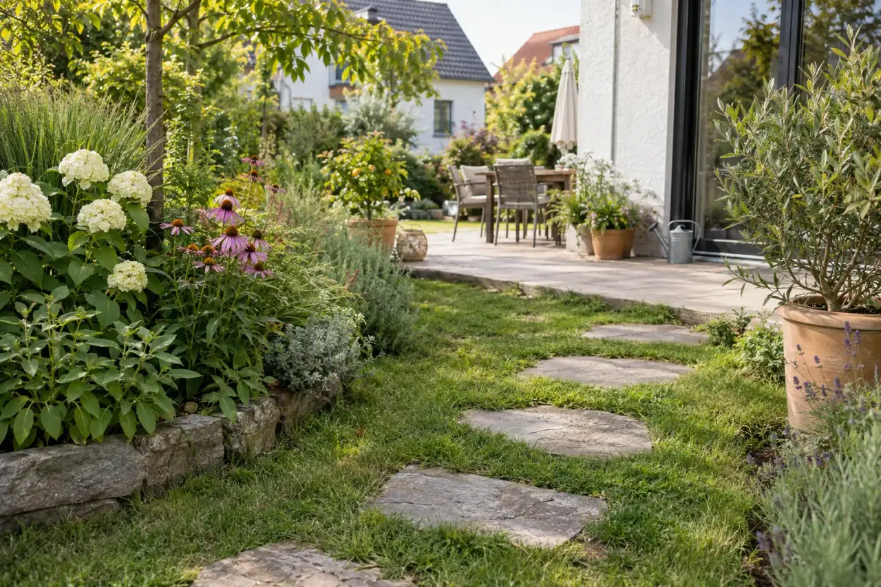 Natursteinplatten führen durch Rasen zwischen Terrasse und Beet.