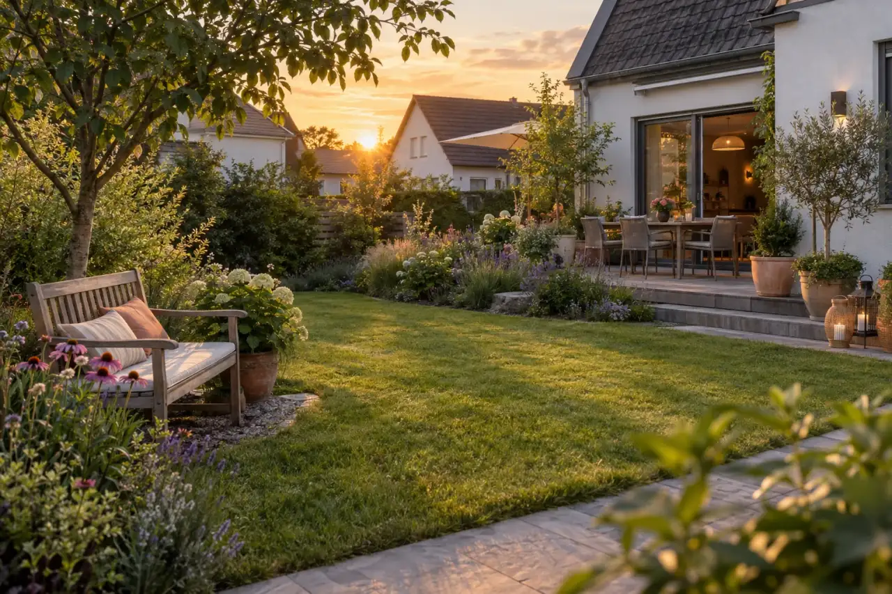 Ruhiger, neu geordneter Hausgarten mit Weg, Rasen, Beeten und Terrasse.