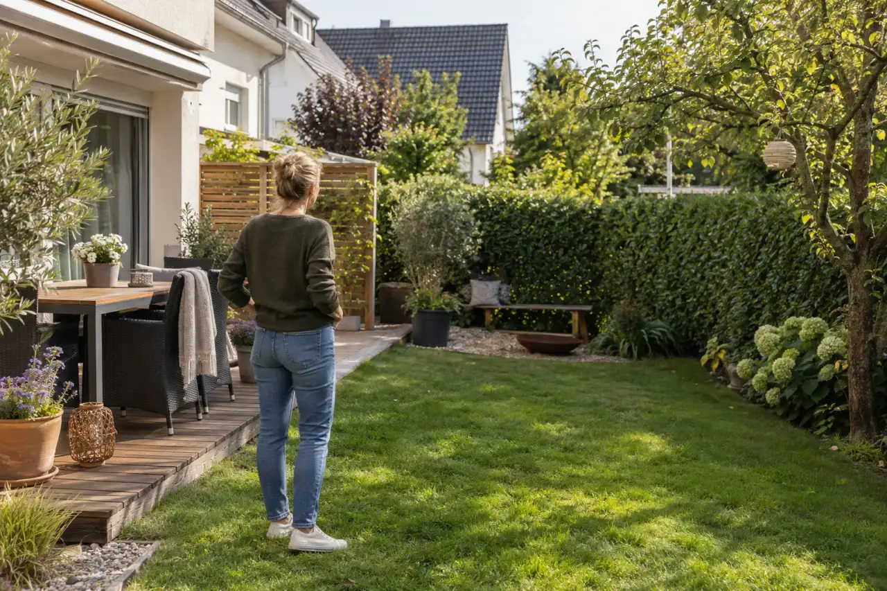 Person betrachtet vom Garten aus den möglichen Saunaort und seine Sichtachsen.
