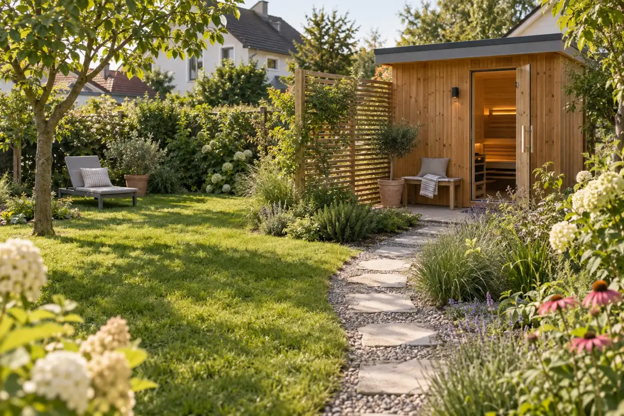 Ein Wegstein verbindet den Gartenraum mit dem Eingang der Sauna.