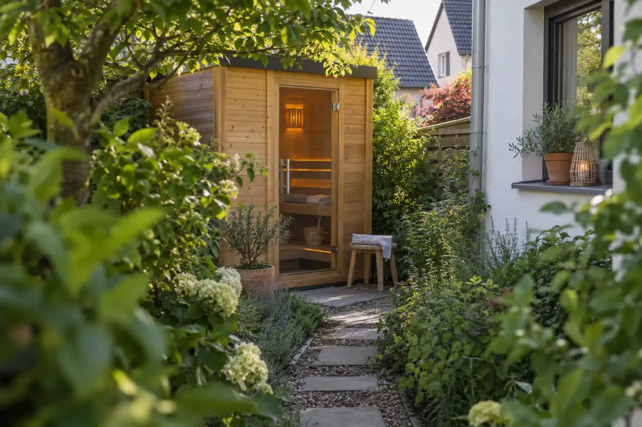 Geschützte, hausnahe Sauna-Ecke mit kurzem Weg.