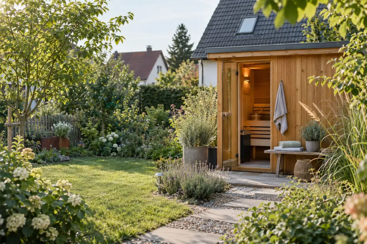 Gartensauna aus Holz am bepflanzten Gartenweg mit ruhigem Freiraum links.