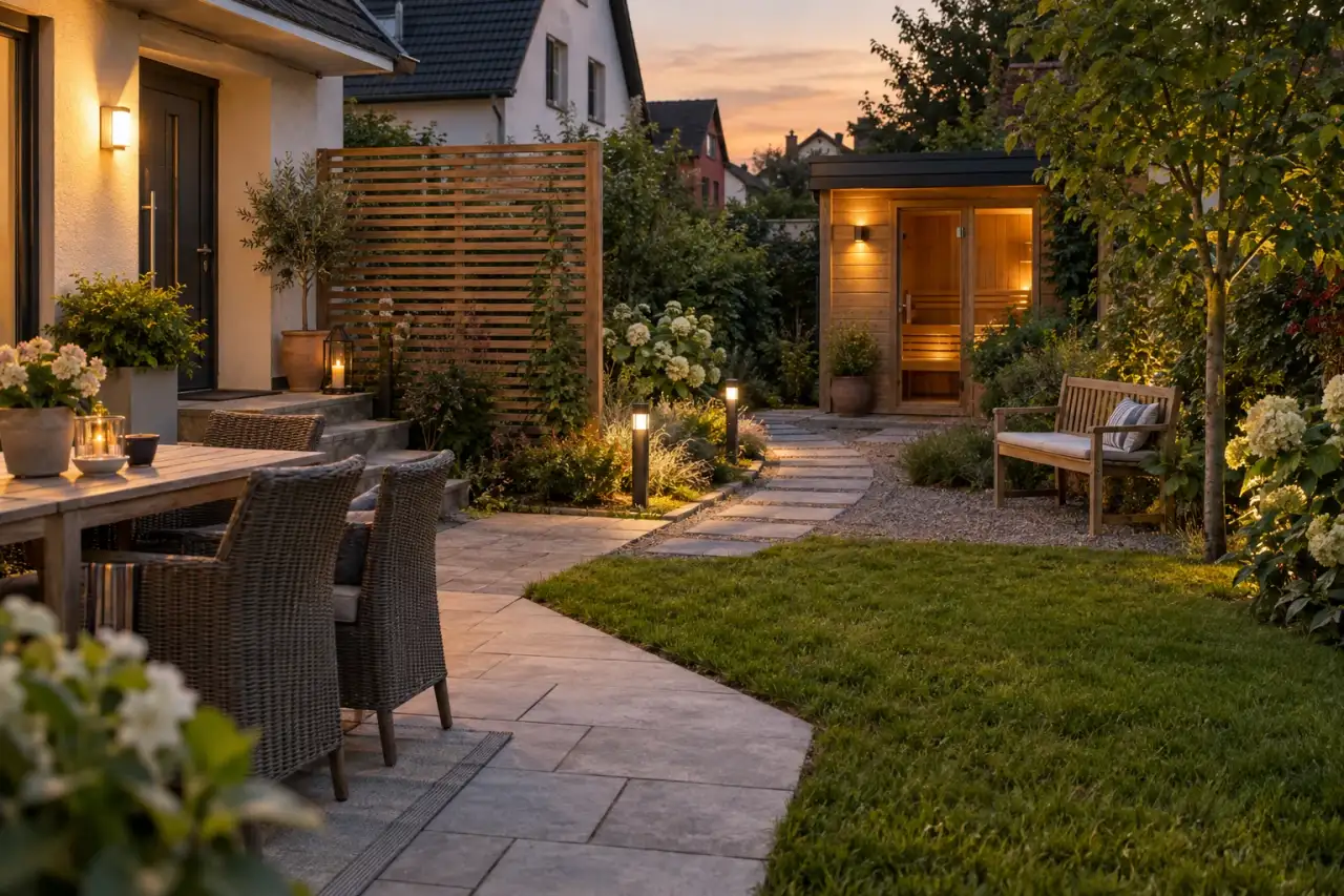 Eine Gartenszene zeigt Weg, Vorbereich, Sichtschutz, Bank, Grün und dezentes Licht.