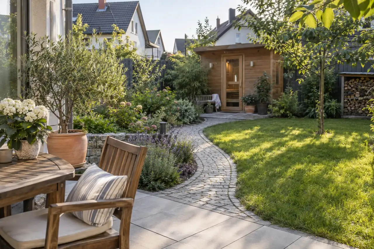 Kurzer Weg verbindet Terrasse und Gartensauna.
