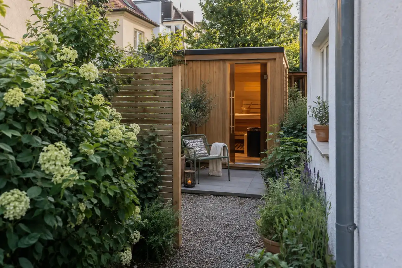 Sehr kompakte Sauna-Ecke in einem schmalen, geschützten Gartenraum.