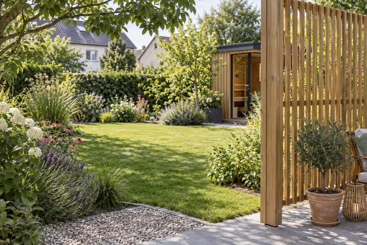 Durchlässiger Holzschirm filtert den Blick auf die Gartensauna.