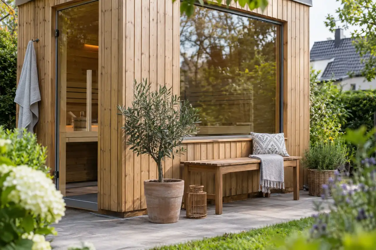 Naturbelassene Holzoberfläche an Sauna und Gartenbank.