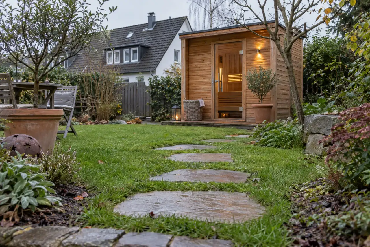 Flache Natursteine führen durch den Rasen zur Gartensauna.