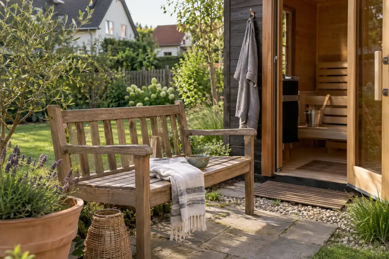 Schlichte Holzbank neben dem Eingang der Gartensauna.