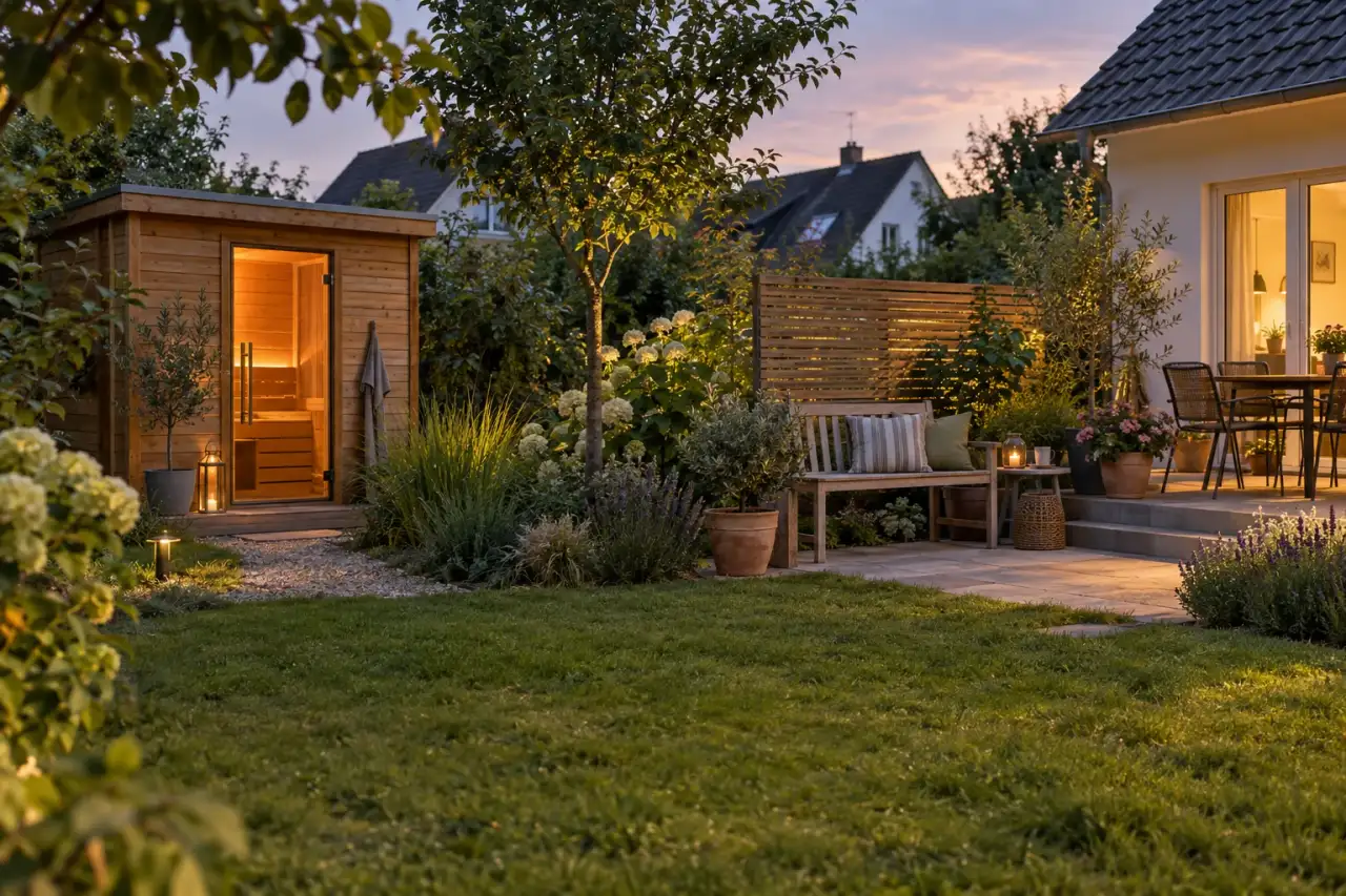 Stimmiger Gartenraum mit Sauna, Weg, Bank und ruhigem Grün im Abendlicht.