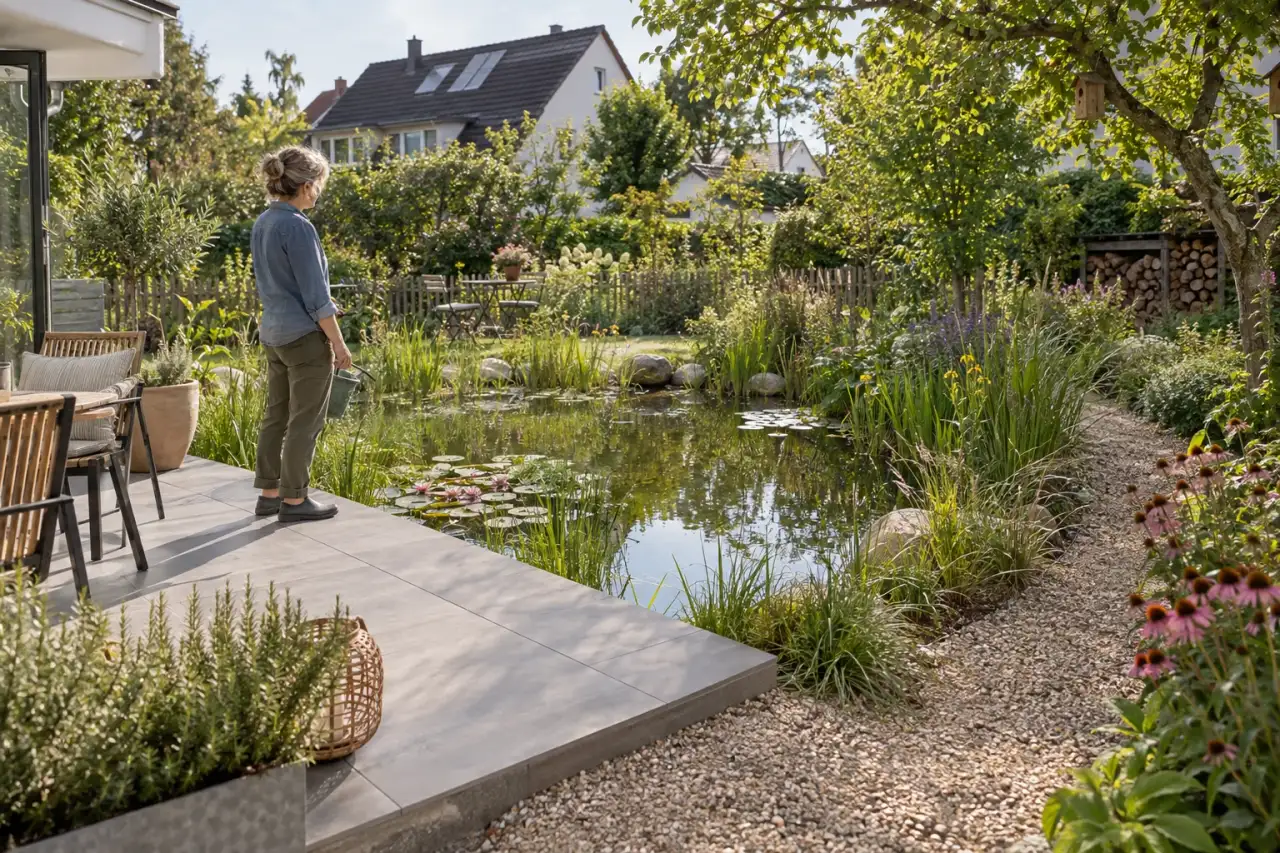 Gärtnerin betrachtet einen Teich und seine Wirkung im Garten.