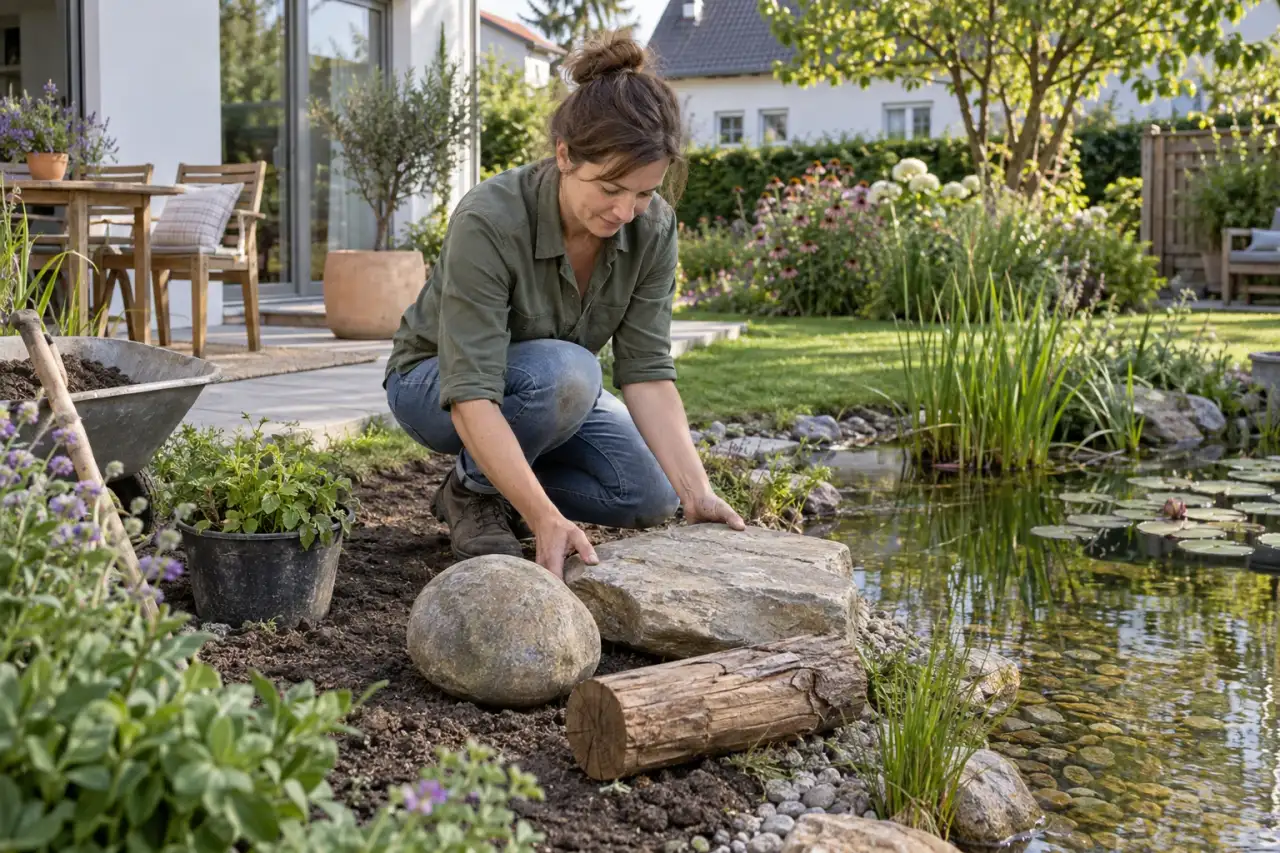 Verschiedene Teichrandmaterialien werden im Gartenumfeld arrangiert.