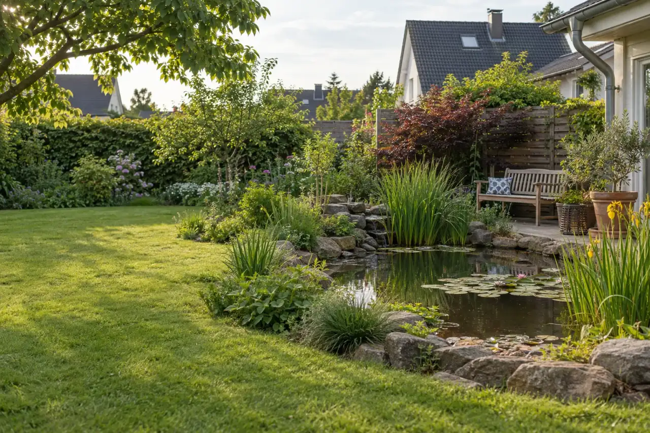 Ruhiger Gartenteich mit Natursteinrand, Gräsern und Sitzbank in einem wohnlichen Garten.