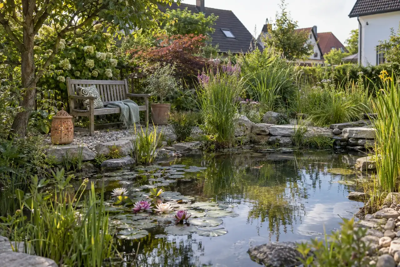 Eine Gartenszene zeigt Wasserfläche, Teichrand, Pflanzen, Bank und dezente Dekoration.