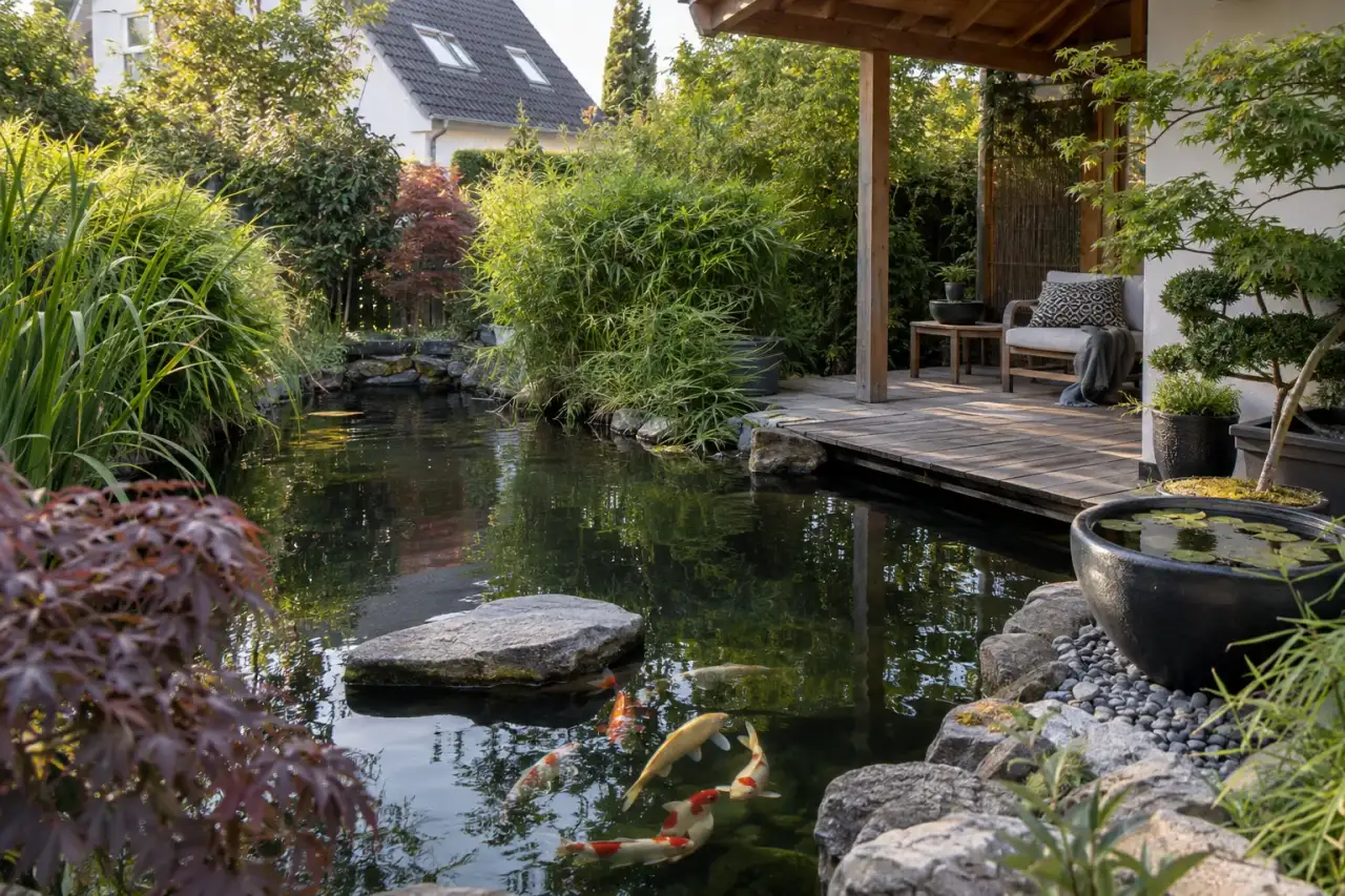 Ausdrucksstarker Koiteich neben einem kleinen Gartenpavillon.