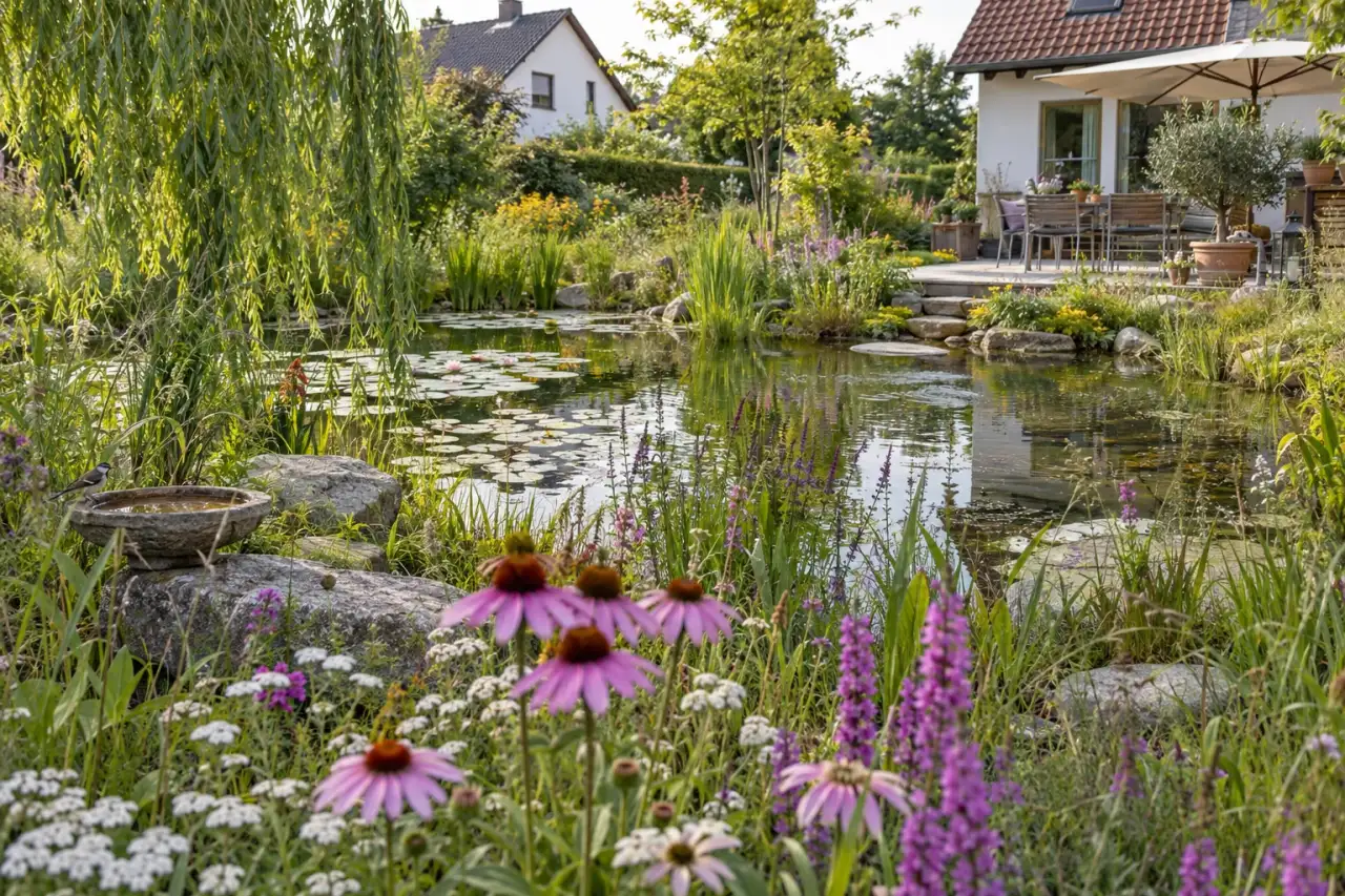 Naturnaher Gartenteich hinter einer lockeren Blumen- und Gräserzone.