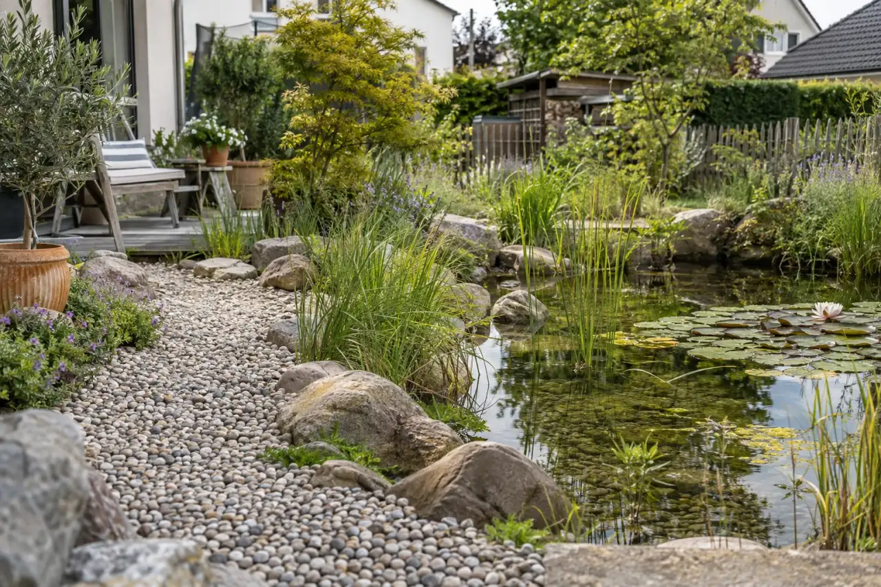 Kies und einzelne Steine als leichter Übergang am kleinen Teich.