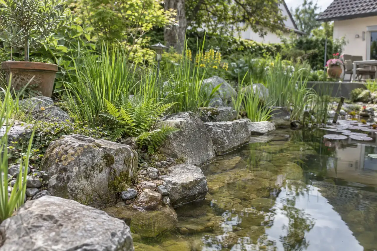 Unregelmäßige Natursteine verbinden Teich und bepflanztes Beet.