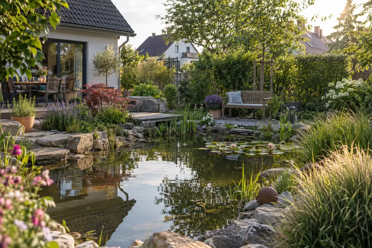 Harmonisch gestalteter Gartenteich als Mittelpunkt eines wohnlichen Gartens.