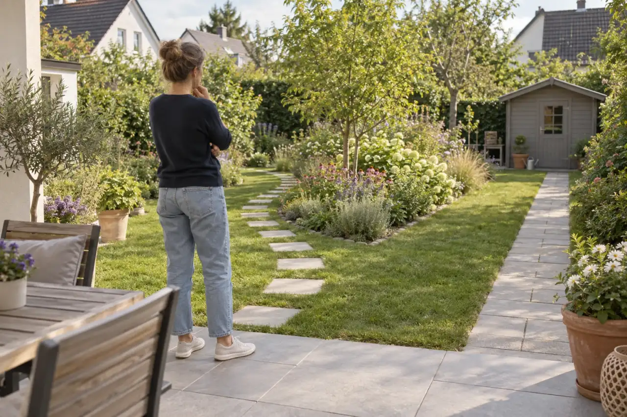 Eine Person vergleicht zwei mögliche Wegverläufe im fertigen Garten.