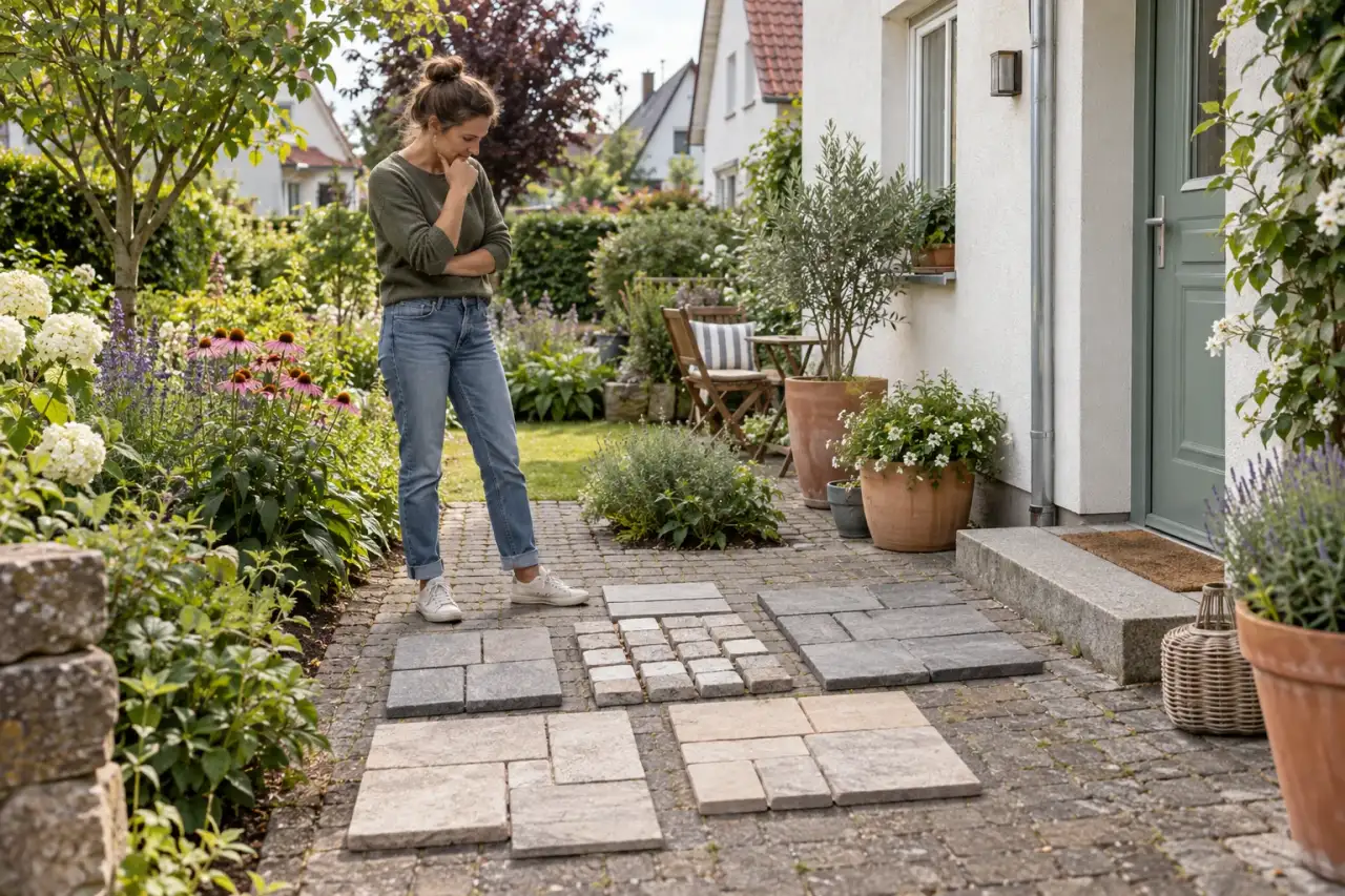 Verschiedene Platten- und Pflastermuster werden neben Haus und Beet verglichen.