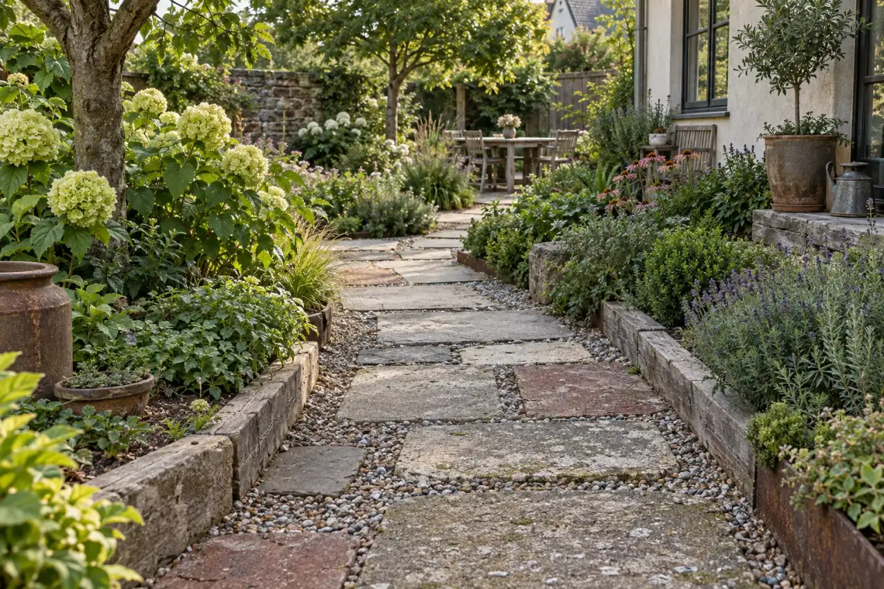 Wiederverwendete Platten prägen einen zurückhaltenden Gartenweg.