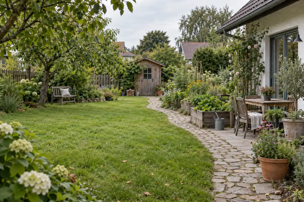 Ein Gartenweg verbindet Haus, Beete und Gartenhaus.