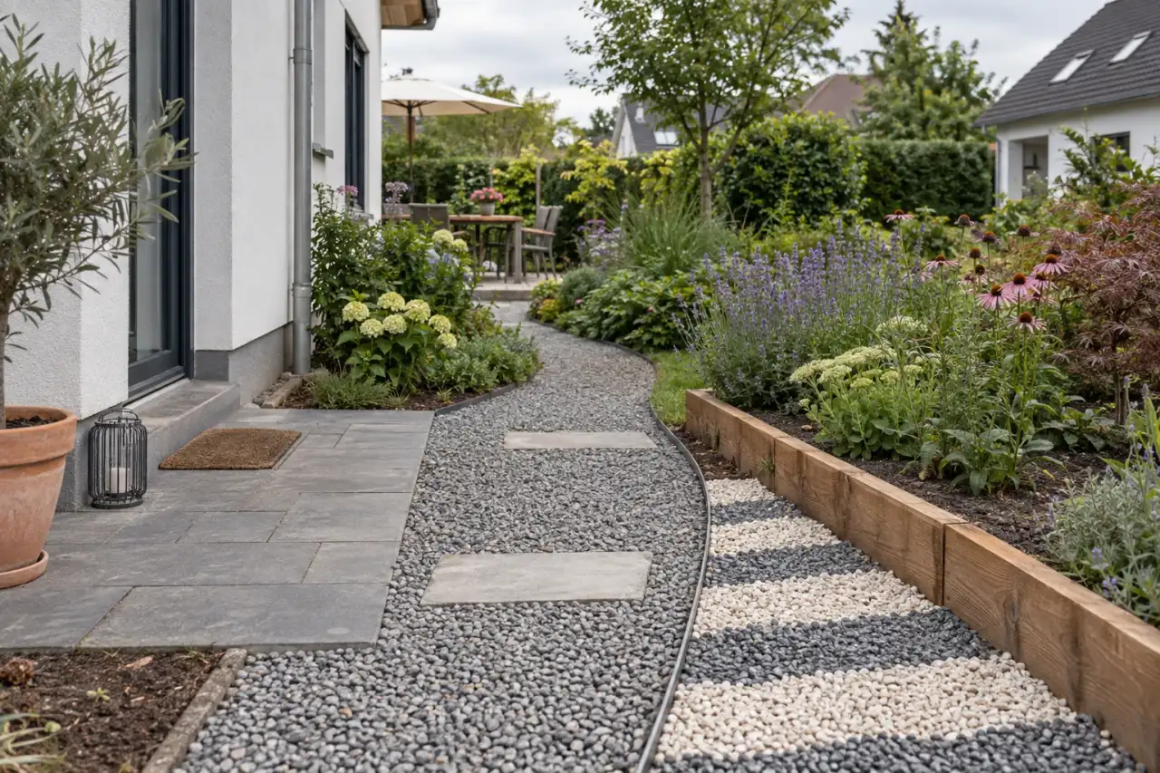 Eine Gartenszene zeigt sechs erkennbare Wegdetails gemeinsam.