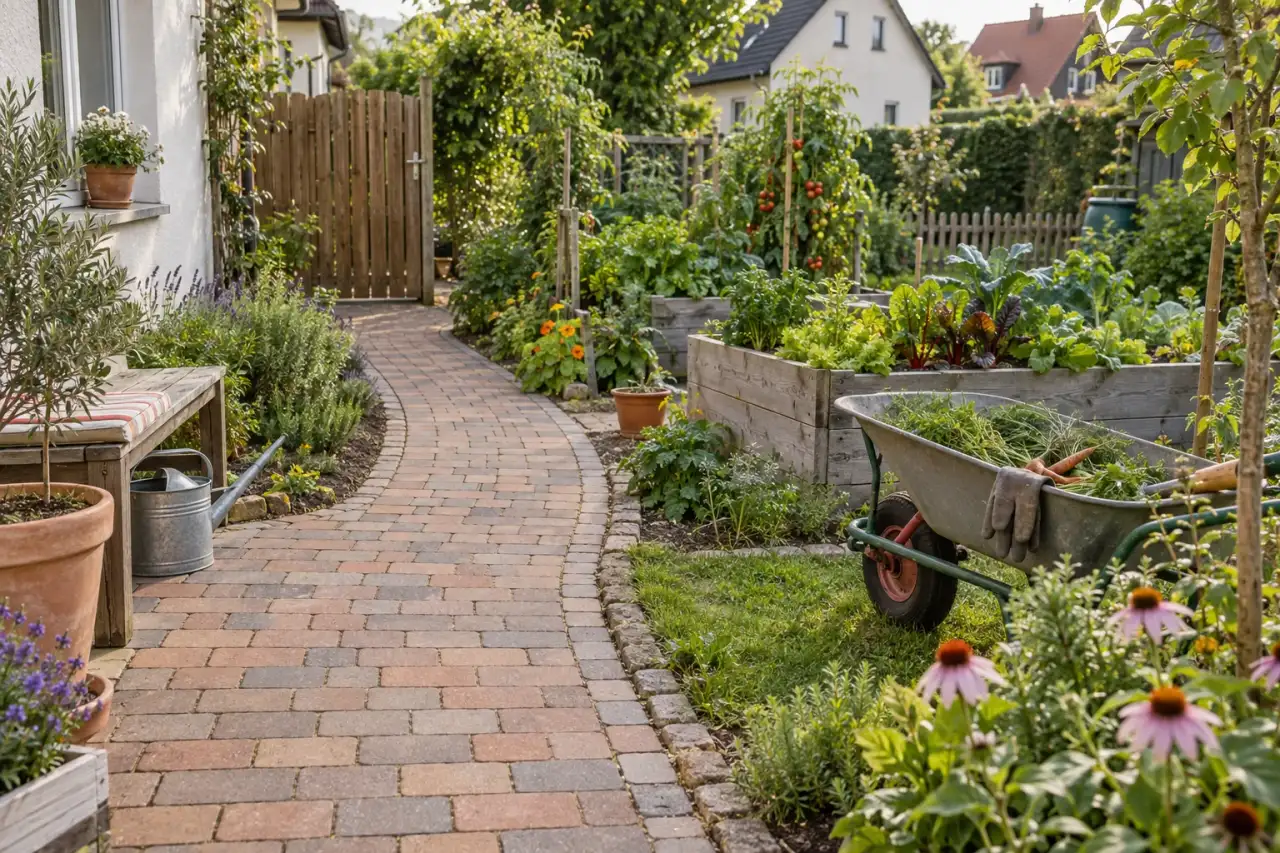 Kleinformatige Pflastersteine bilden einen robusten Weg zum Gemüsegarten.