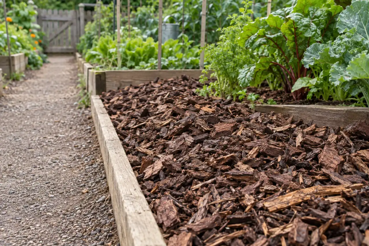 Rindenmulch liegt sichtbar neben einem schmalen Beetweg.