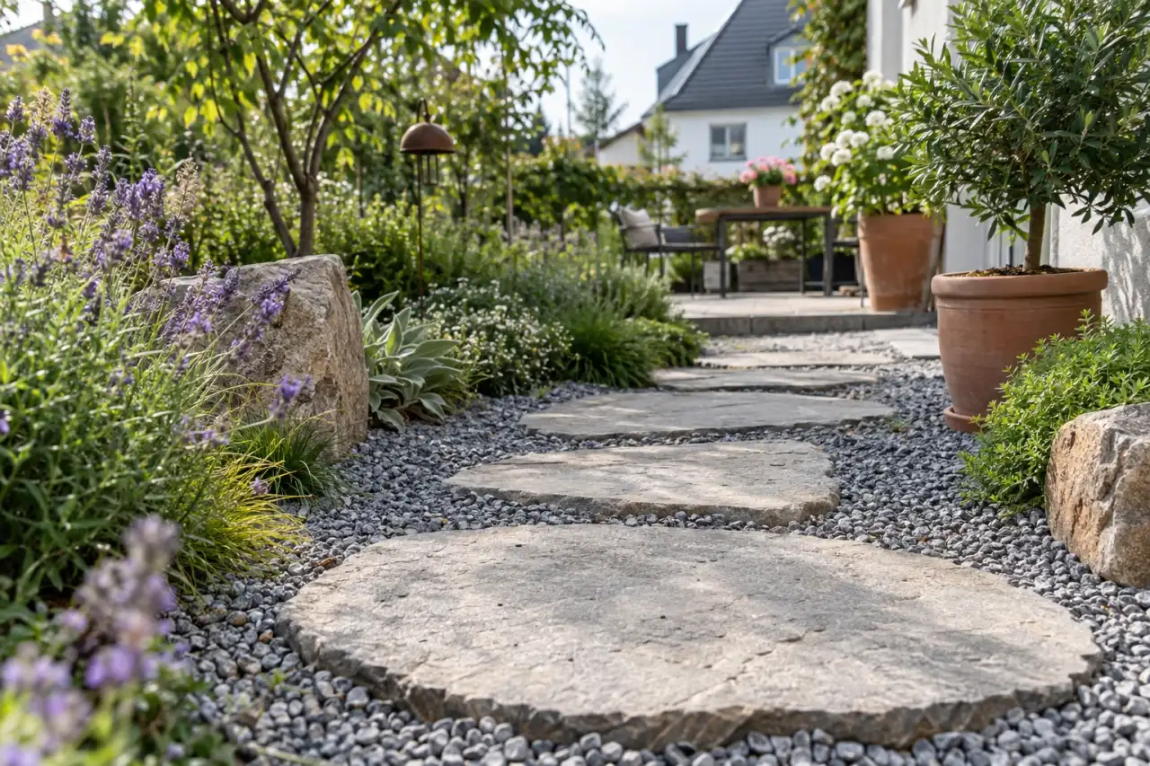 Flache Trittsteine gliedern einen offenen Kiesweg.