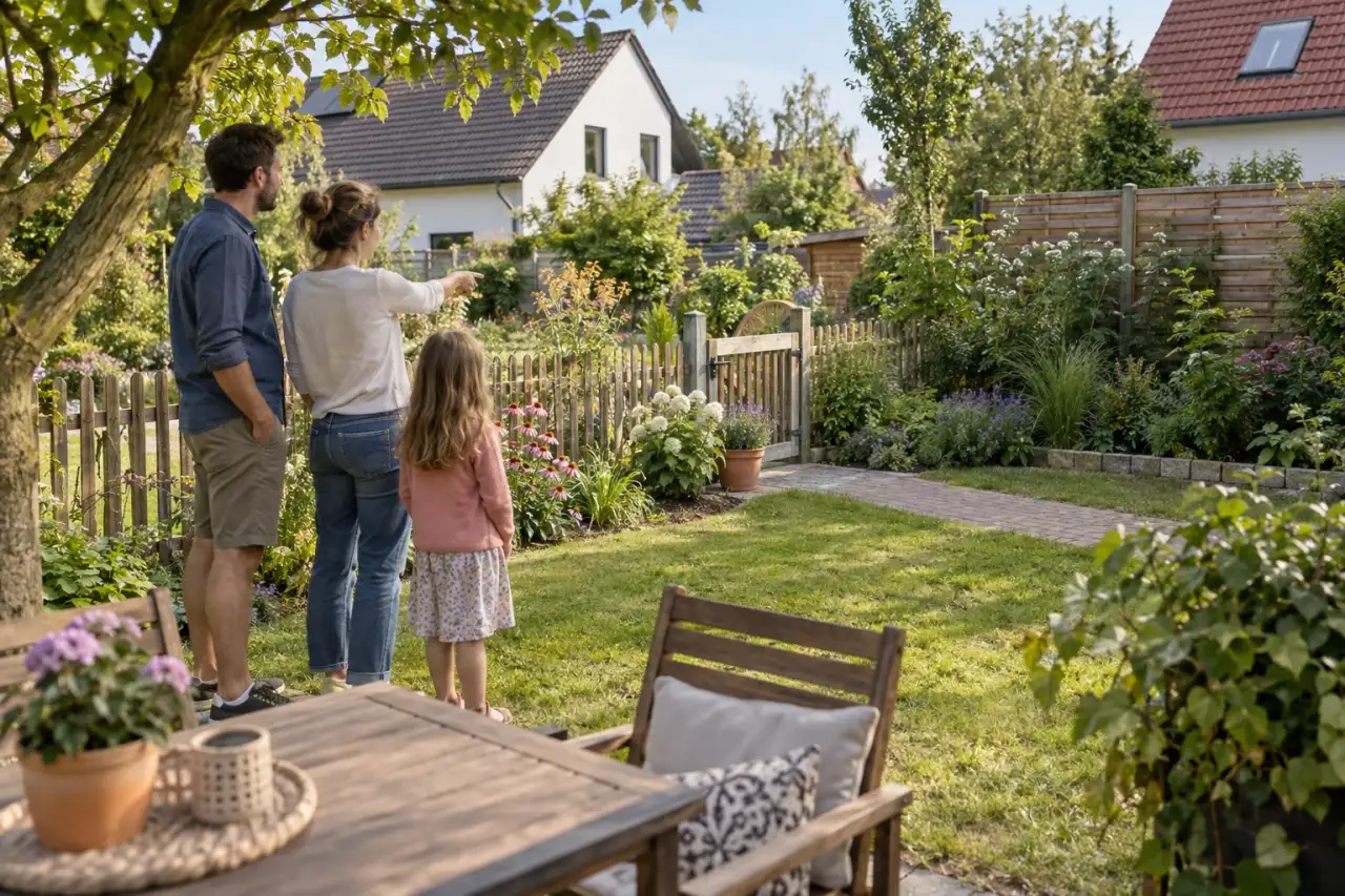 Eine Familie vergleicht offene und geschlossene Grenzabschnitte aus der Gartensicht.
