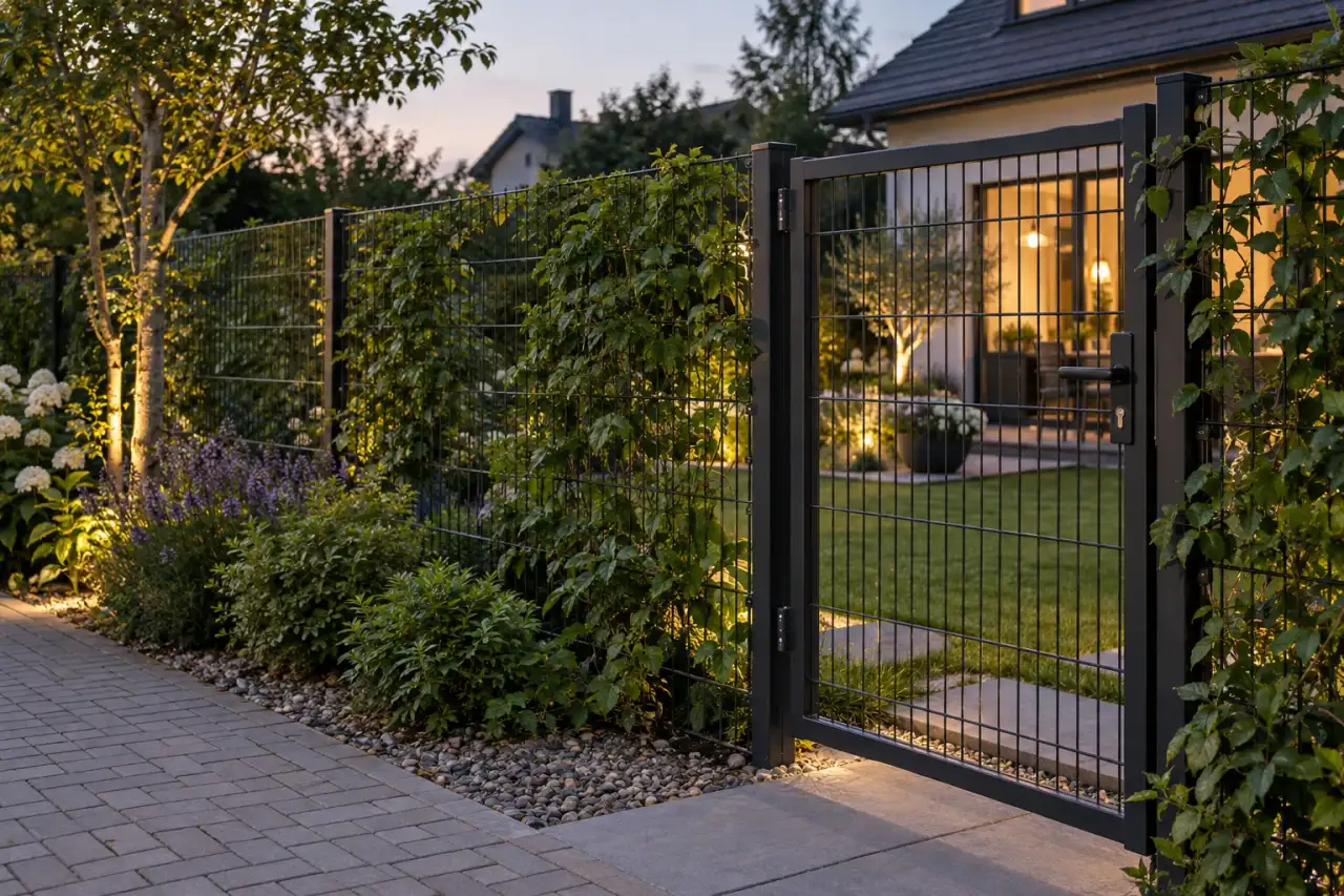 Begrünte Metallmaschen verbinden Transparenz mit einer weicheren Gartenwirkung.