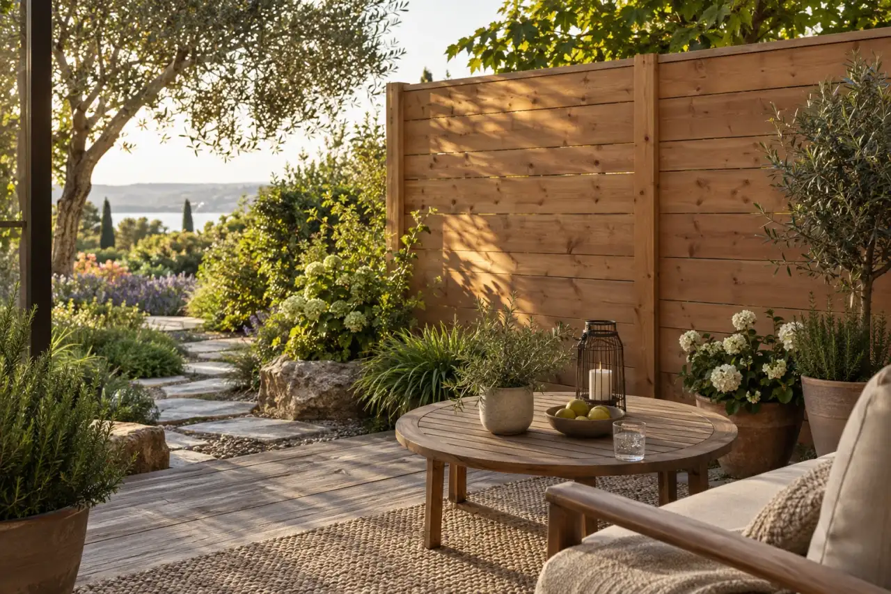 Eine Holzblickblende schützt die Terrasse in warmem Nachmittagslicht.