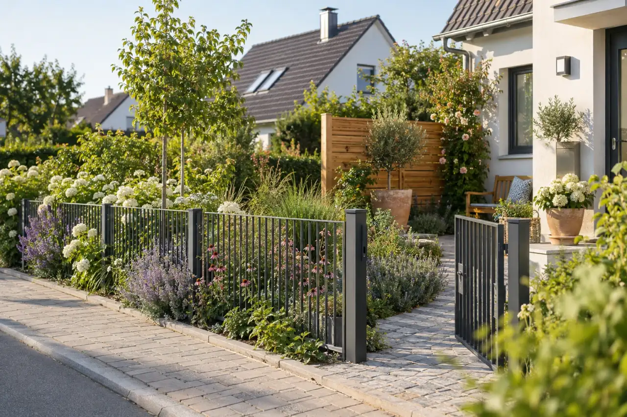 Eine fertig gestaltete Gartengrenze verbindet Metallzaun, Gartentor, Holzsichtschutz und Pflanzung.