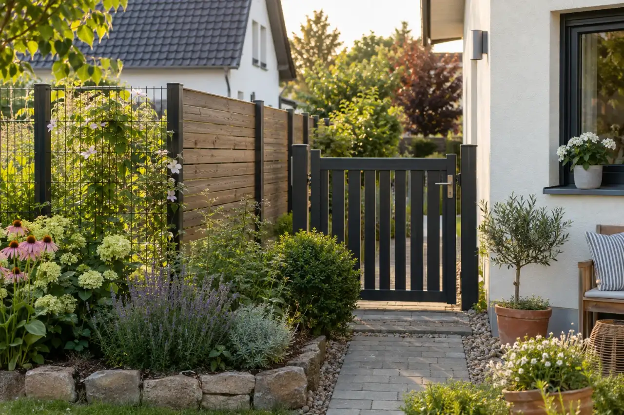 Eine Gartenszene zeigt Tor, Pfosten, Sichtschutz, Rankpflanzen, Staudenrand und Hausanschluss.