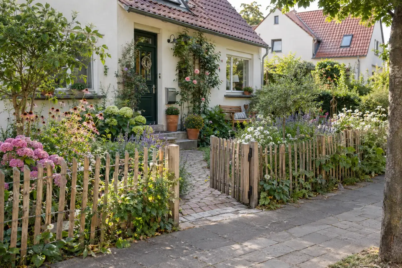 Ein niedriger Staketenzaun öffnet einen naturnahen Vorgarten.