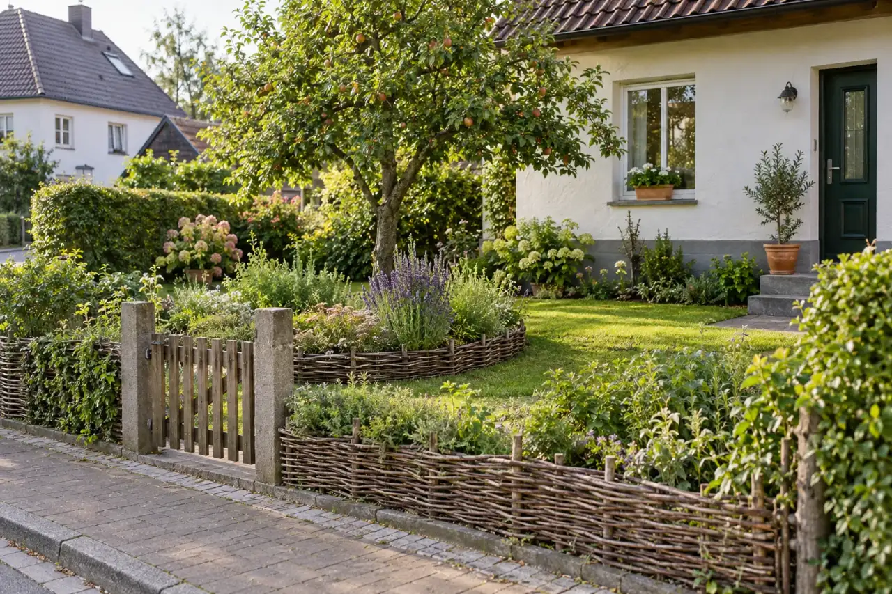 Ein niedriger Weidengeflecht-Rand fasst ein naturnahes Beet am Hauseingang.