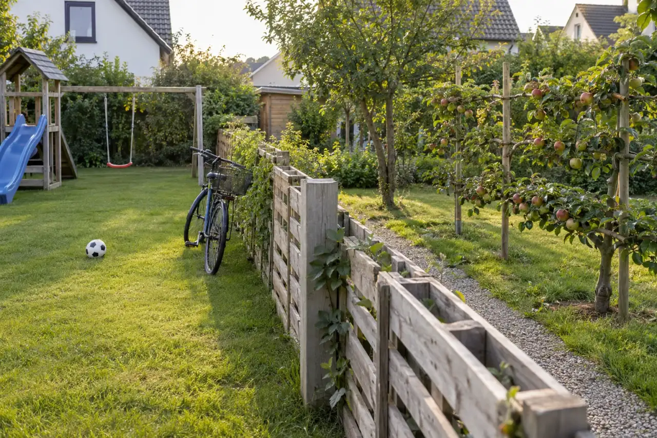 Ein Palettenzaun trennt Spielrasen und Obstgartenecke mit persönlichem Charakter.