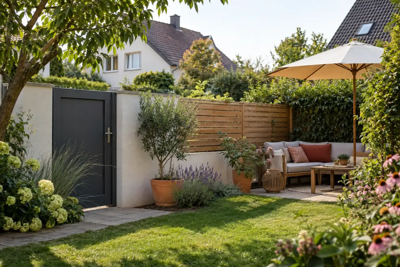 Mauer, Sichtschutz und Tor schaffen eine deutlich abgeschirmte Gartenecke.