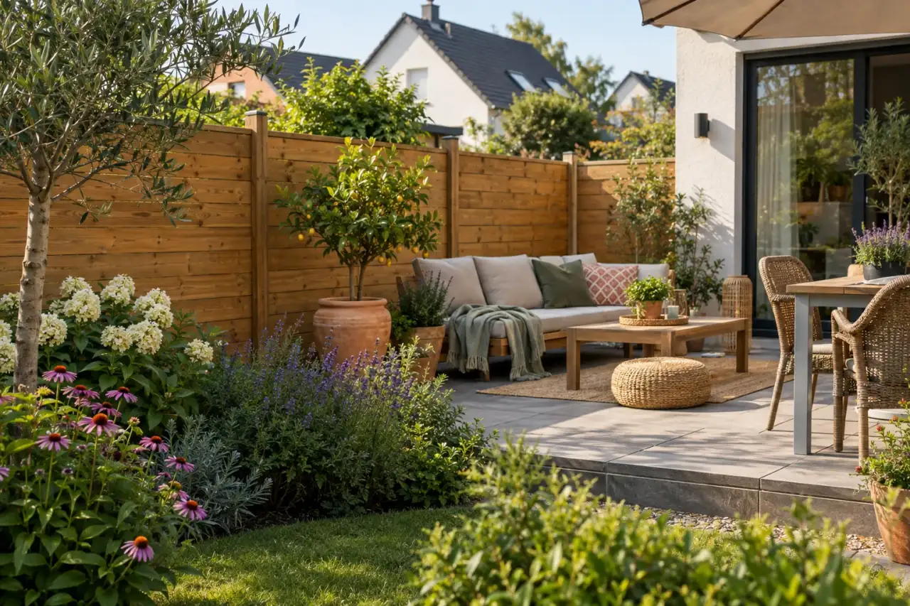 Eine warme Holzsichtschutzwand bildet einen ruhigen Hintergrund für die Terrasse.