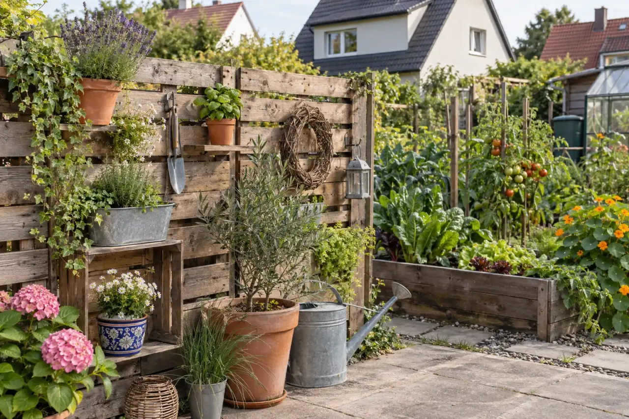 Ein kreativer Palettenzaun verbindet wiederverwendetes Holz mit Töpfen und Gartendekoration.