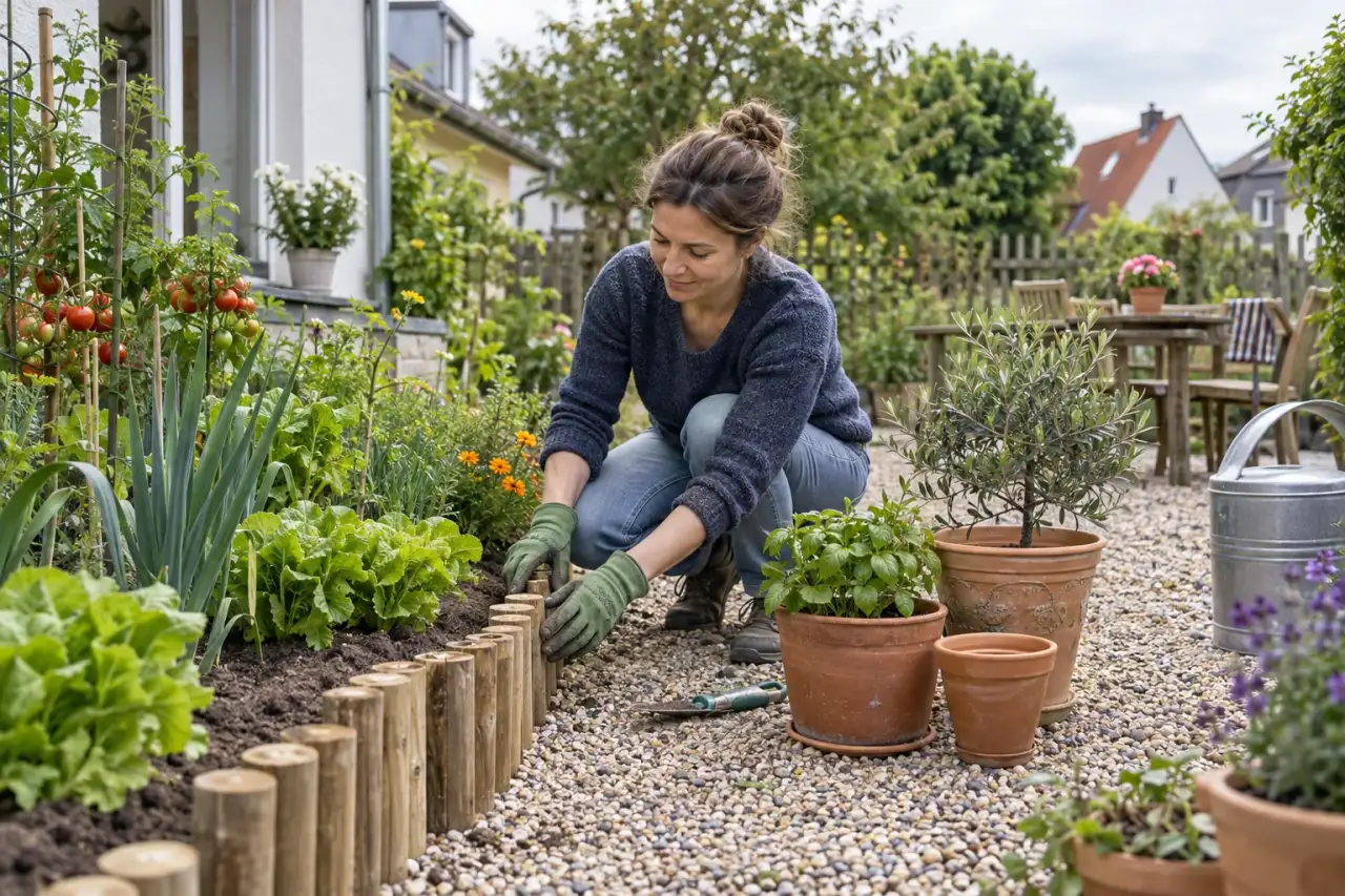 Einfassung und Gefäße werden zu einer klaren Gartenstruktur angeordnet.