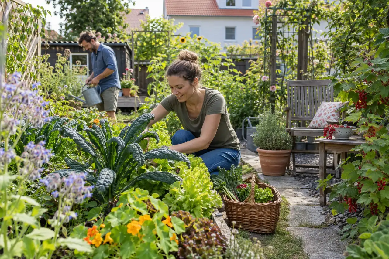 Üppiger Nutzgarten mit Gemüse, Kräutern und Blüten in verschiedenen Höhen.
