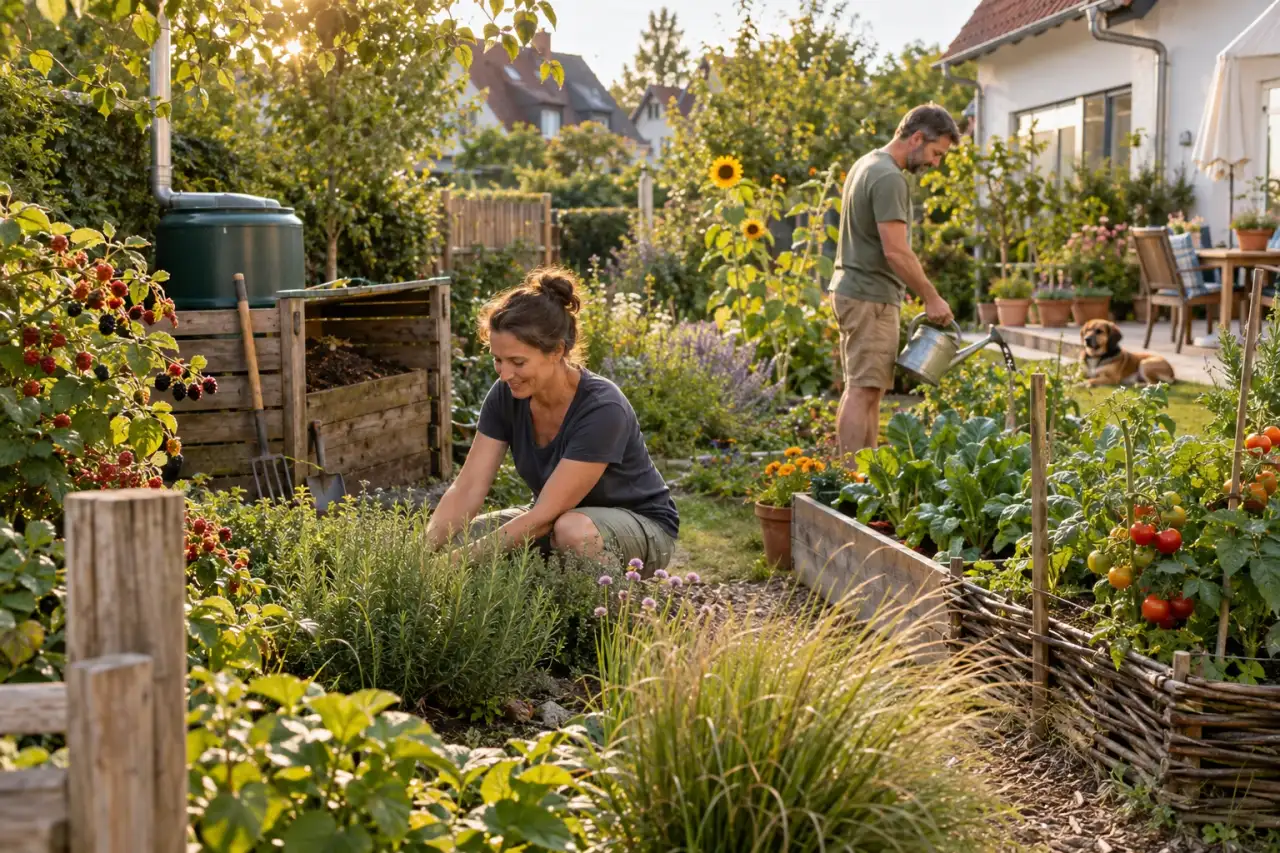 Naturnaher Gartenrand mit Beeren, Gemüse, Gräsern und Kompost.