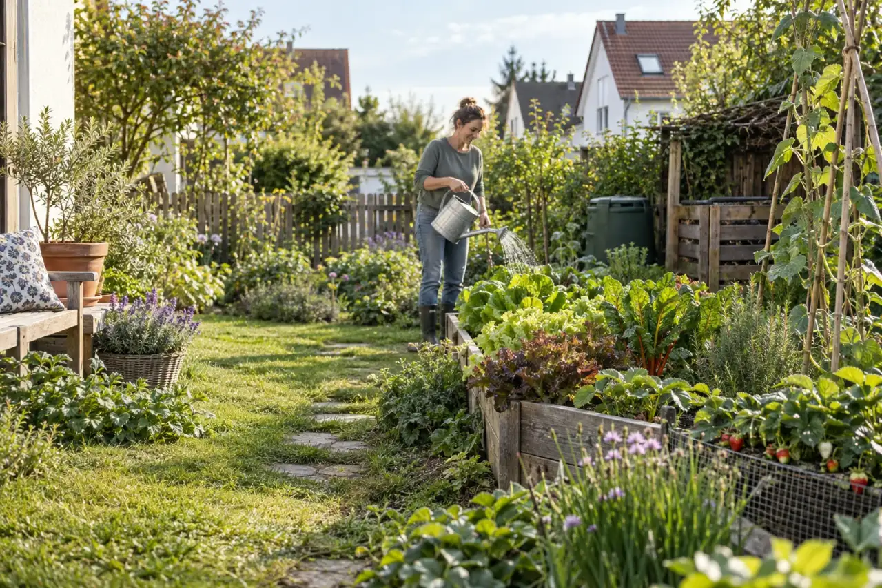 Strukturiertes Gemüsebeet mit Salat, Kräutern und Erdbeeren im kleinen deutschen Garten.