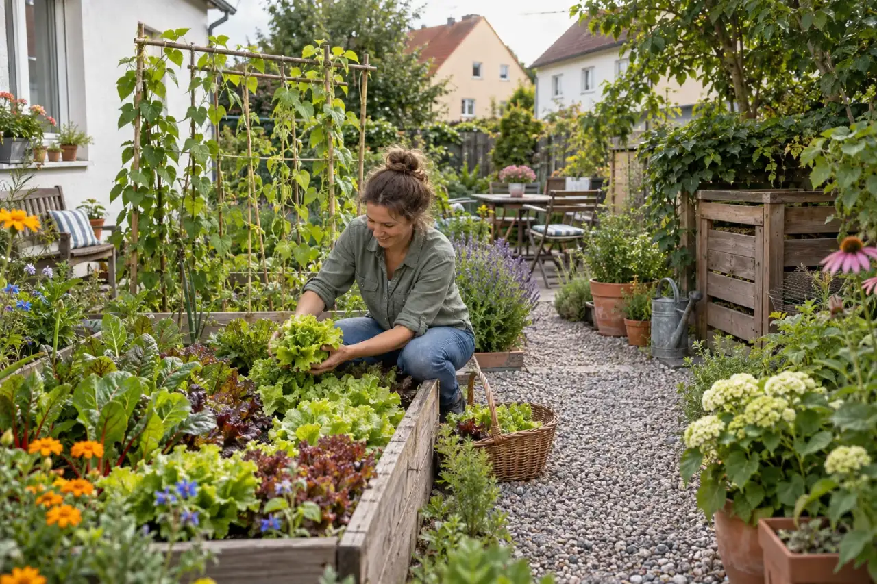 Ein Gartenbild mit Beetkante, Weg, Gefäßen, Rankhilfe, Kompost und Blüten.
