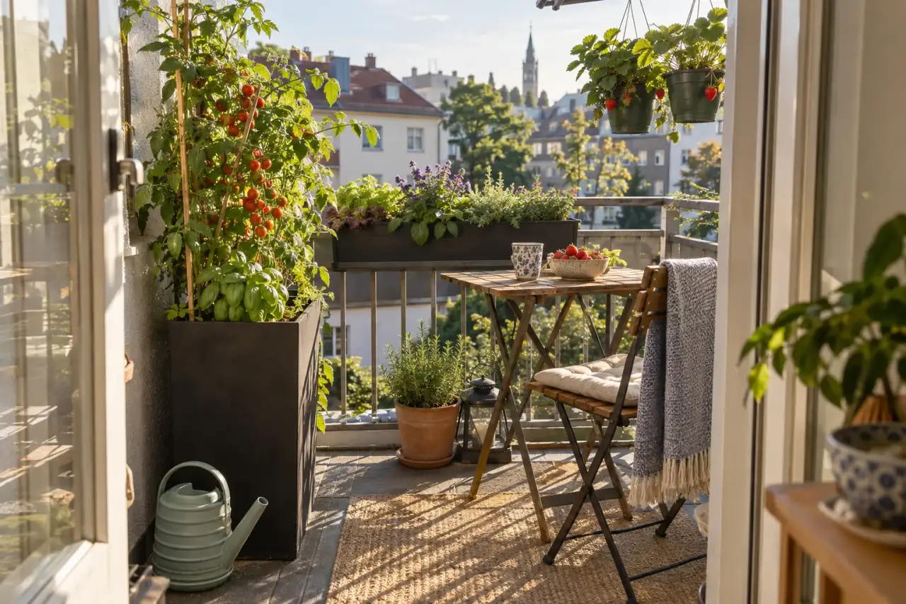 Platzsparender Balkonanbau mit Erdbeeren, Salat und Kräutern.